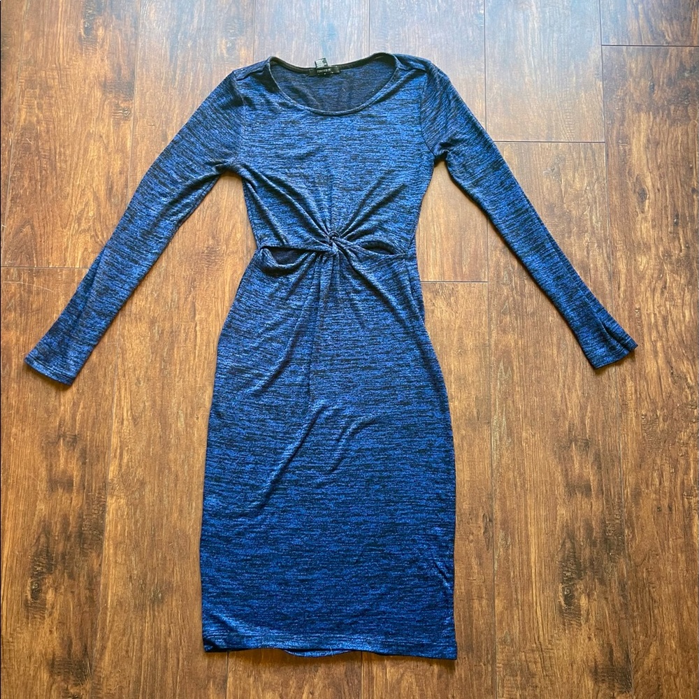 Blue midi dress with waist cutout detail and long sleeves